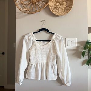 Old Navy White Smocked Peplum Long-Sleeve Top XS